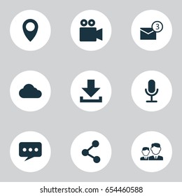 Social Icons Set. Collection Of Partnership, Down Arrow, Video Chat And Other Elements. Also Includes Symbols Such As Video, Pin, Publish.
