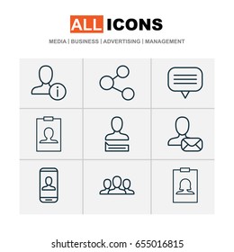 Social Icons Set. Collection Of Privacy Information, Profile Data, Text Bubble And Other Elements. Also Includes Symbols Such As Badge, Human, Clients.
