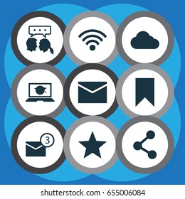 Social Icons Set. Collection Of Publish, Inbox, Wireless Connection And Other Elements. Also Includes Symbols Such As Web, Mail, Conversation.