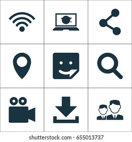 Social Icons Set. Collection Of Publish, Magnifier, Camcorder And Other Elements. Also Includes Symbols Such As Location, Publish, Share.