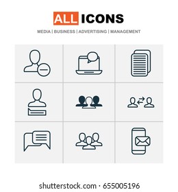 Social Icons Set. Collection Of Remove User, Phone Messaging, Chatting Person And Other Elements. Also Includes Symbols Such As New, Mailing, Unity.
