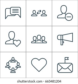 Social Icons Set. Collection Of Significant Letter, Society, Bullhorn And Other Elements. Also Includes Symbols Such As Heart, Social, Mail.