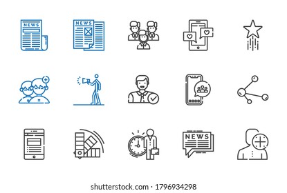 social icons set. Collection of social with user, news, employee, color, share, social media, advertising, people, favorite, chat, team. Editable and scalable icons.