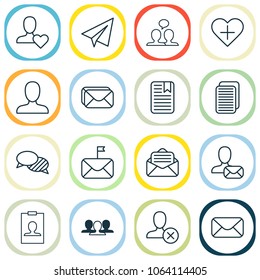 Social icons set with correspondence, conversation, badge and other note page elements. Isolated vector illustration social icons.
