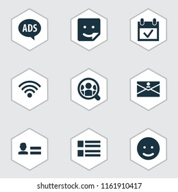 Social icons set with wi-fi, people, advert and other wireless connection elements. Isolated vector illustration social icons.