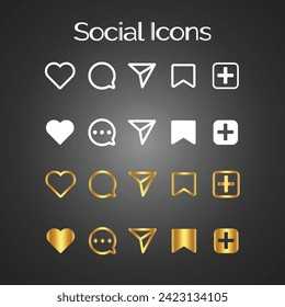 Juego de temas de iconos blancos y dorados de iconos genéricos de usuarios de medios sociales. Como, comentar, compartir 