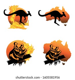 Social Image über Australien Feuer. Känguru vor dem Feuer und Koalas Familie auf einem brennenden Baum. Avatar-Set