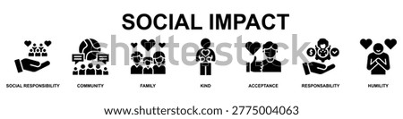 Social Impact Banner Web Icon Vector Illustration Concept for Technology with Icons of Social Responsibility, Community, Family, Kind, Acceptance, Responsability and Humility