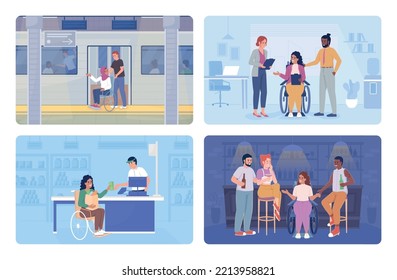 Social inclusion 2D vector isolated illustration set. Equal opportunities flat characters on cartoon background. Lifestyle colourful editable scenes collection for mobile, website, presentation