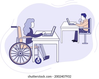 Social inclusion concept. Equal working conditions for a girl in a wheelchair and a healthy person. Disabled workplace. Adaptation to social life. Girl in a wheelchair working on a laptop