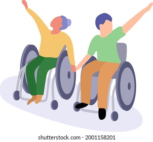 Social inclusion concept. Happy girl and guy in wheelchairs hold hands. Adaptation of disabled people to social life. Support each other in a difficult situation.