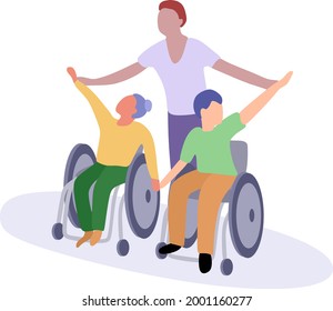 Social inclusion concept. Happy girl and guy in wheelchairs hold hands. People in wheelchairs learn to dance. Active life of disabled people.