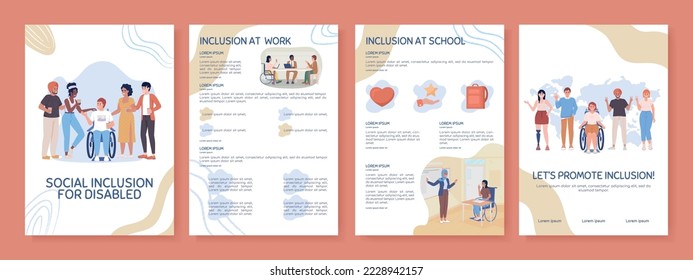 Social inclusion for disabled flat vector brochure template. Booklet, leaflet printable flat color designs. Editable magazine page, reports kit with text space. Sniglet, Comfortaa fonts used