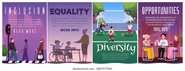 Social inclusion, equality, diversity and opportunities concept posters set. Persons with disabilities in public places, studying, playing game. Vector illustrations collection for card, banner.