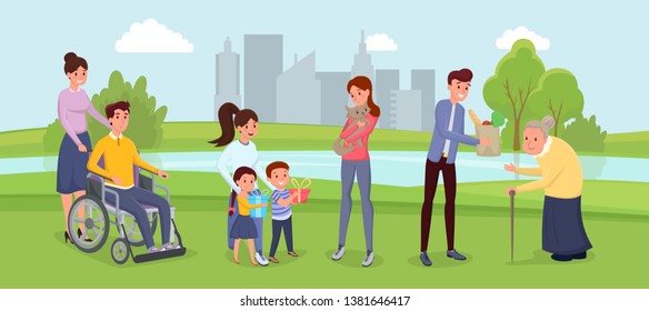 Social inclusion, handicapped people illustration. Young volunteers assisting retired person, rescuing domestic animals. Female nurse spending time in park with man in wheelchair, children