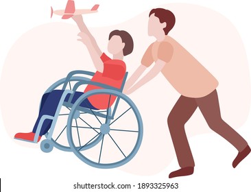 Social inclusion, handicapped people illustration. Two boy friends play happily. A boy in a wheelchair is having fun riding and playing with an airplane. Vector illustration in flat style