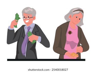 Social inequality among pensioners due to difference in wages between men and women and lack of equity. Inequality among rich and poor seniors count money accumulated in retirement investment accounts