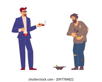 Social inequality between poor, rich, imbalance. Millionaire in expensive suit smoking cigar, beggar in rags begs for alms, cartoon male characters in flat vector illustration isolated on white