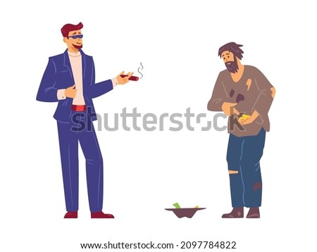 Social inequality between poor, rich, imbalance. Millionaire in expensive suit smoking cigar, beggar in rags begs for alms, cartoon male characters in flat vector illustration isolated on white