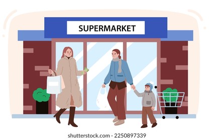 Social inequality concept. Much money and little money. Rich woman vs poor woman. Wealthy woman shopping and middle-class woman with a kid after buying cheap food. High and low level of society. 