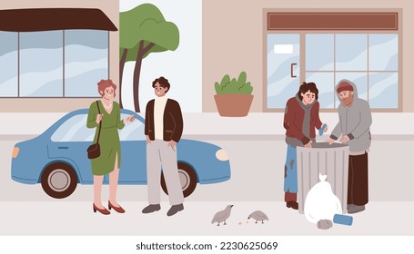 Social inequality concept. Rich people leading luxury life vs poor homeless people. Wealth and poverty. Social gap. Income difference. Flat cartoon vector illustration.