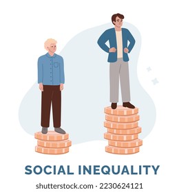 Social inequality concept. Salary gap. Men standing on stacks of coins. Comparison of income. Low and high level of wage. Poor man and rich wealthy man. Flat cartoon vector illustration.