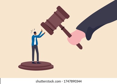 Social Inequality, Discrimination, Injustice And Unfairness For Black People Or Racism On People Of Color Concept, Judge Using Huge Justice Hammer To Punish Small Black People Or African American Man.