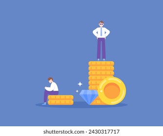 Social inequality. economic gap. wealth and poverty. Illustration of the poor with the rich. difference, inequality, imbalance. Sit down and stand on the stack of coins. illustration concept design