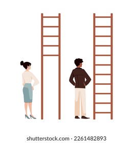 Social inequality and gender gap abstract drawing with ladder, flat vector illustration isolated on white background. Man and woman have different opportunities at work and business.