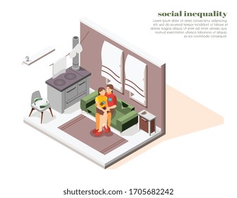 Desigualdad social composición isométrica con mujeres e hijas pobres en una pequeña ilustración vectorial 3d