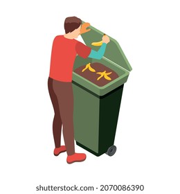Desigualdad social y personas pobres problema composición isométrica con una persona pobre abriendo tapa de contenedor de basura ilustración de vector