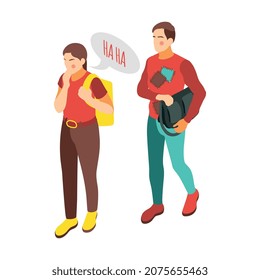 Desigualdad social y gente pobre problema composición isométrica con una niña riéndose de un niño con chaqueta reparada ilustración vectorial