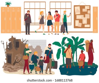 Social inequality, refugees and poor people, family escapes from war destroyed home, vector illustration. Needy people in modern society, unhappy poor teenager in school. Poverty in African country