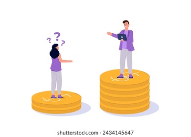 Social inequality, Salary gap concept. Standing on stacks of coins. Cartoon Flat Vector illustration for banner, website, landing page, flyer.