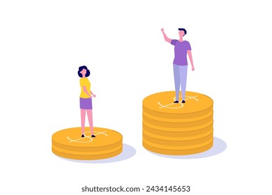 Social inequality, Salary gap concept. Standing on stacks of coins. Cartoon Flat Vector illustration for banner, website, landing page, flyer.