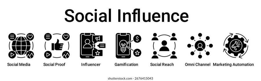 Social Influence Banner Web-Symbol Vektorgrafik-Konzept für Unternehmen mit Symbol für Social Media, Social Proof, Influencer, Gamification, Social Reach, Omni Channel, Marketing .