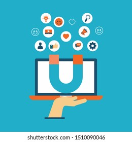 Social influence concept. Media content to grab like from social audience. Vector Design
