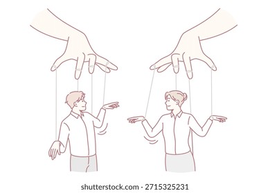 Social influence and independence concept. Human hands holding two business people with threads as marionettes vector illustration