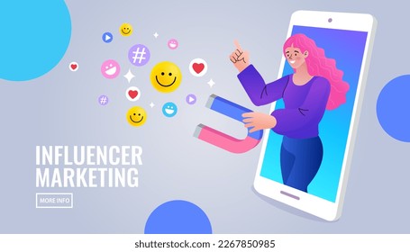 Social influencer concept. Media content to grab like from social audience Design. Attracting followers. Woman Holding Magnet Attracting Likes, Feedback and Followers in Internet. Vector Illustration.