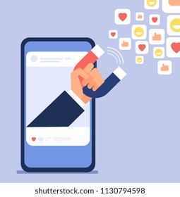 Social influencer marketing. Bloggers hand holding magnet drags customers. Social media and blogging vector concept. Illustration of social follower and influencer magnet