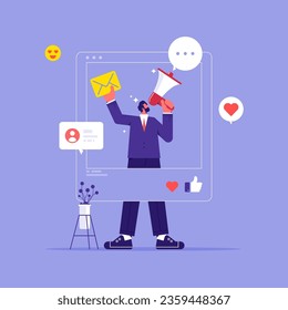 Social influencer and influencer marketing concept, man shouting in loud speaker with social media icons, influencer social media marketing or  promotion