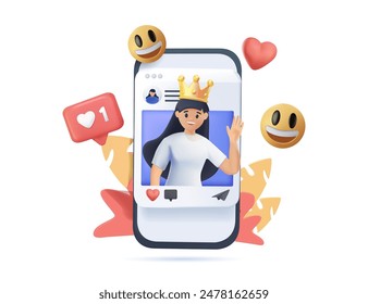 Social Influencer en App móvil, streaming en vivo para medios digitales comprometidos en diferentes actividades o promociones o impartiendo sus conocimientos, Ilustración vectorial 3D. Lady blogger posteando foto