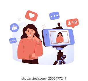 Social Influencer on mobile app, live streaming for digital media engaged in different activities or promotions, imparting expertise, vector illustration. Lady blogger posting photo on social account