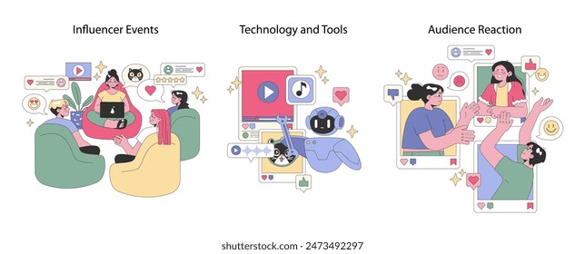 Social Influencer set. Content creators engaging with fans, utilizing digital tools, and audience reactions. Creative social media interaction and marketing. Vector illustration.