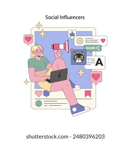 Concepto de Influenciadores Sociales. Un creador de contenido se involucra con sus seguidores en una plataforma de medios sociales, compartiendo publicaciones de moda. Compromiso en línea y marketing digital. Ilustración vectorial.