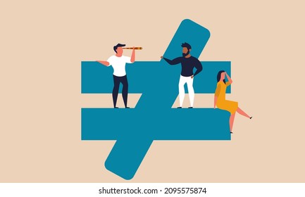 Social injustice and inequality of people in society. Prejudice and compare respect capitalism vector illustration. People sit on the sign of different genders and nations. Fairness and stop racism