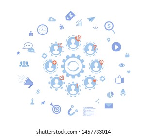 Social Innovation, Idea, Strategy, Technology, New changes, Сommunications, Teamwork, Work together. Infographic elements. Vector illustration on white background