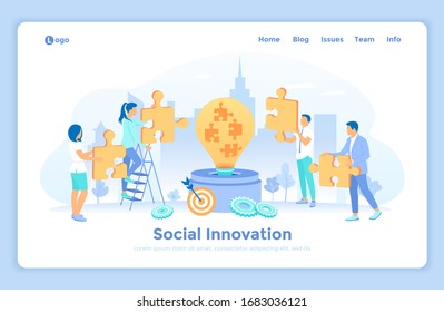 Innovación social, Idea, Estrategia, Tecnología, Comunicación, Trabajo en equipo, Trabajar juntos. La gente puso puzzles en una gran bombilla. plantilla de diseño de página web de inicio decorada con caracteres personales.