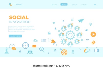 Social Innovation, Idea, Strategy, Technology, New changes, Communications, Teamwork, Work together. Can use for web banner, landing page, web template.