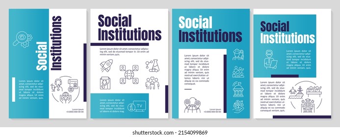 Social institutions blue brochure template. Set of rules and norms. Leaflet design with linear icons. 4 vector layouts for presentation, annual reports. Anton, Lato-Regular fonts used